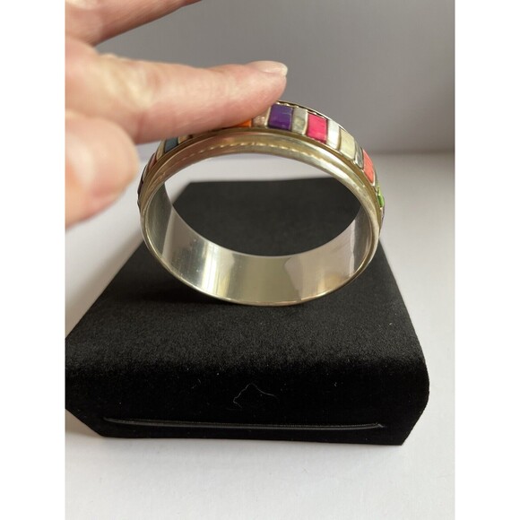 Brass Bangle Bracelet Enamel Colorful Stones 2.75" Wide - Picture 6 of 7